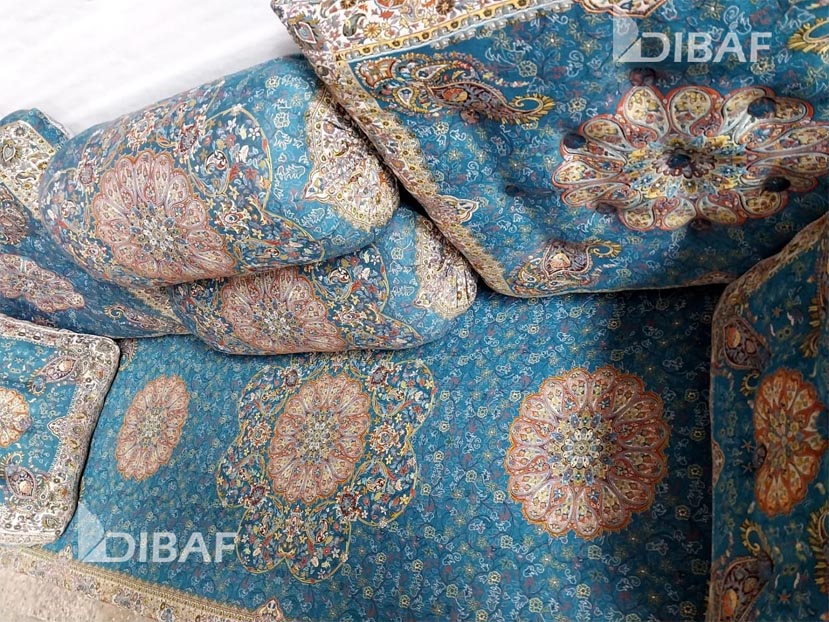 خرید پشتی سنتی شاه‌نشین ترمه طرح افشار | ست ۷ تکه آبی درباری