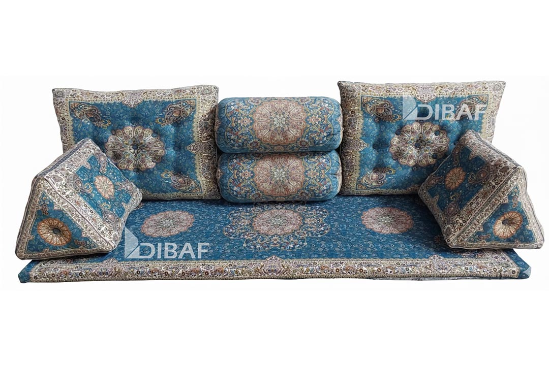 هفت تکه افشار ابی درباری پشتی سنتی شاهنشین ترمه طرح افشار | ست ۷ تکه آبی درباری